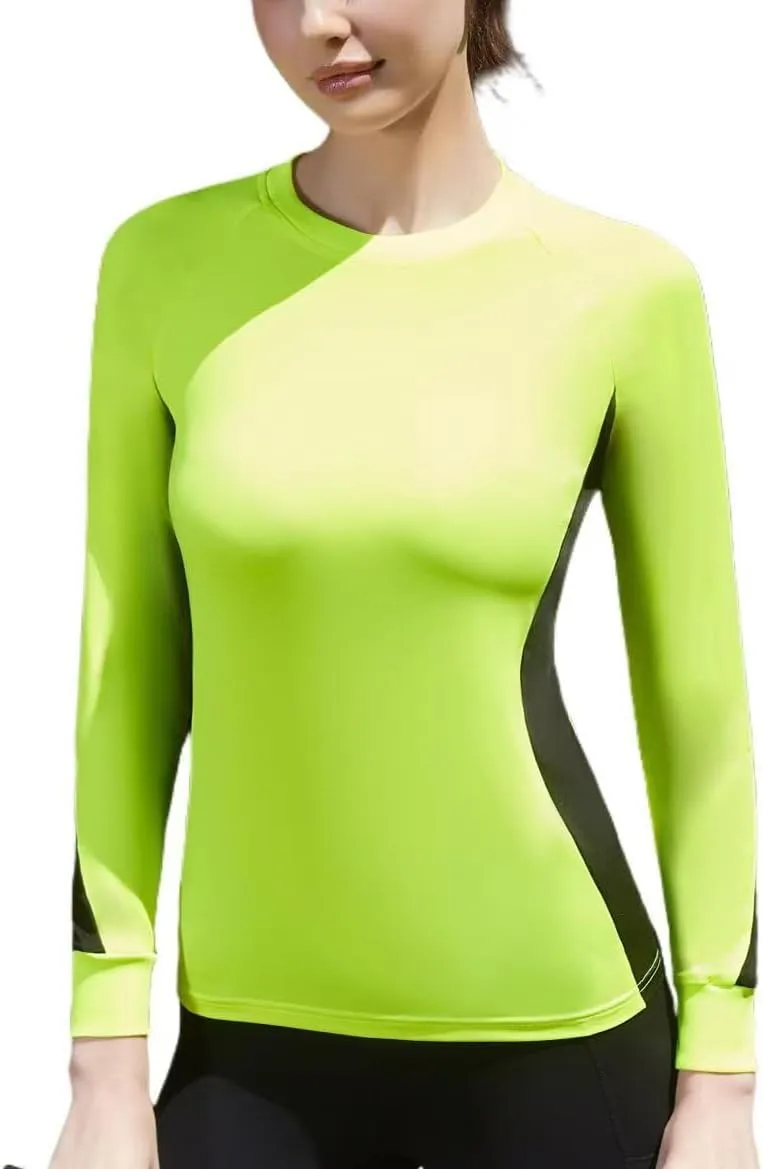 Women's 2-Tone Side Blocked Long Sleeve Crew Neck Slim Fit Active Stretch Shirt