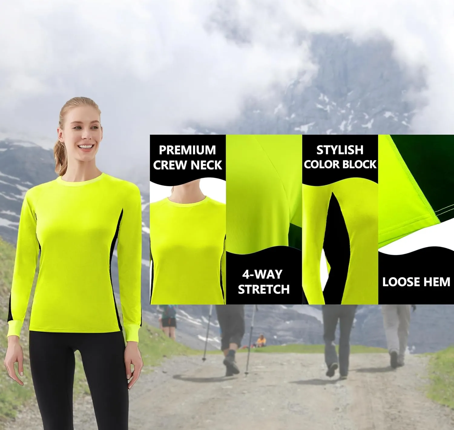 Women's 2-Tone Side Blocked Long Sleeve Crew Neck Slim Fit Active Stretch Shirt