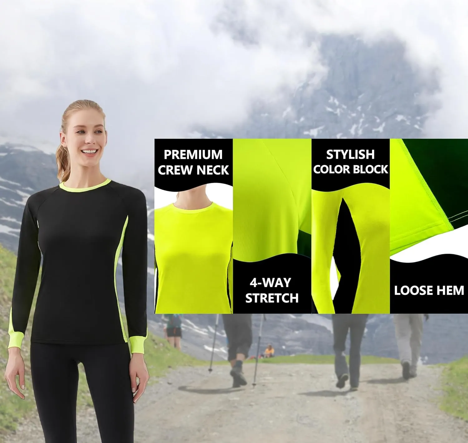 Women's 2-Tone Side Blocked Long Sleeve Crew Neck Slim Fit Active Stretch Shirt