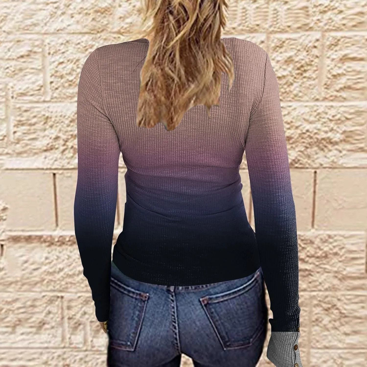 Women's 2023 Fall Long Sleeve Henley T Shirts Button Down Slim Fitted Tops Scoop Neck Ribbed Knit Casual Basic Shirts