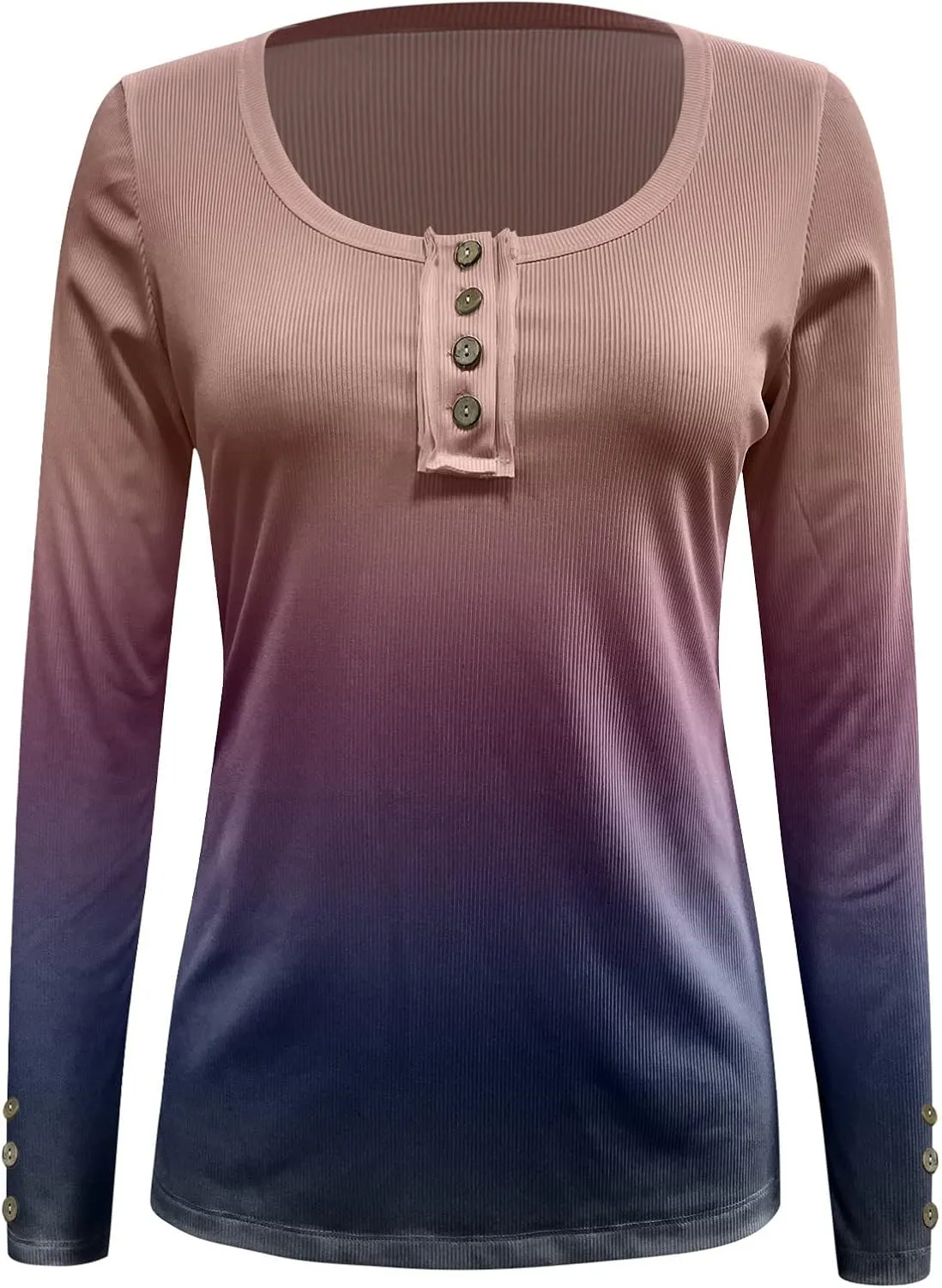 Women's 2023 Fall Long Sleeve Henley T Shirts Button Down Slim Fitted Tops Scoop Neck Ribbed Knit Casual Basic Shirts