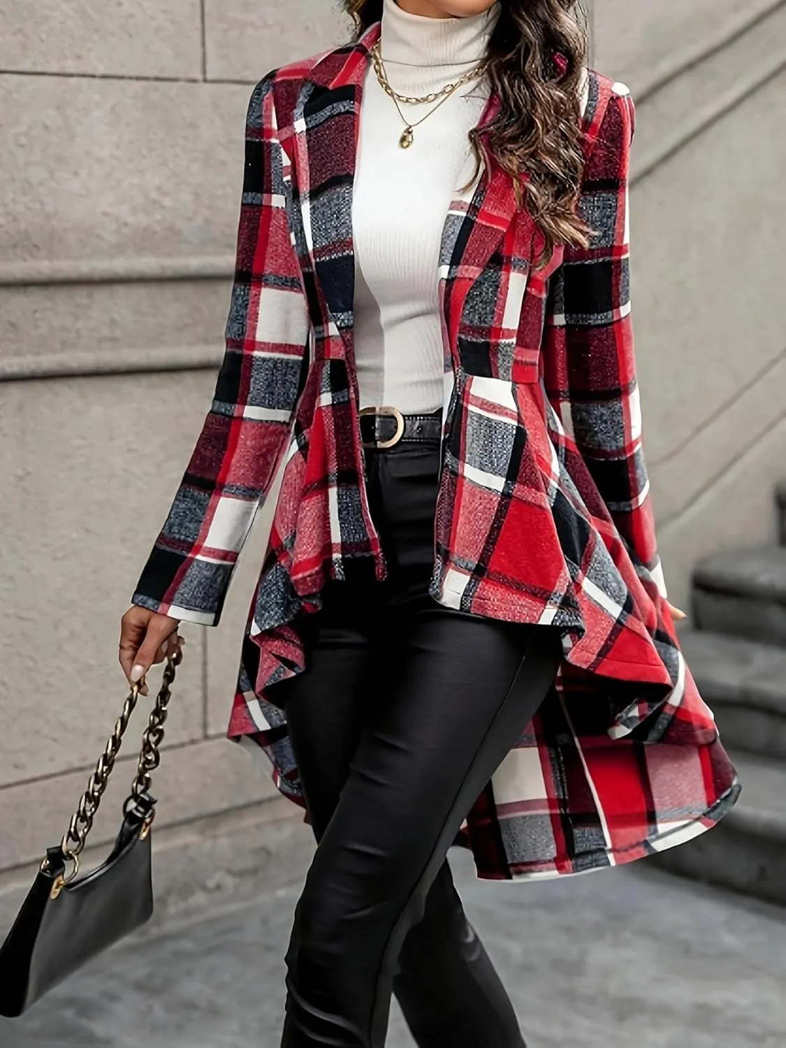 Women's 2024 Plaid Shacket Jacket Long Sleeve Button Wool Blend Casual Loose Winter Tartan Trench Cardigan Coat