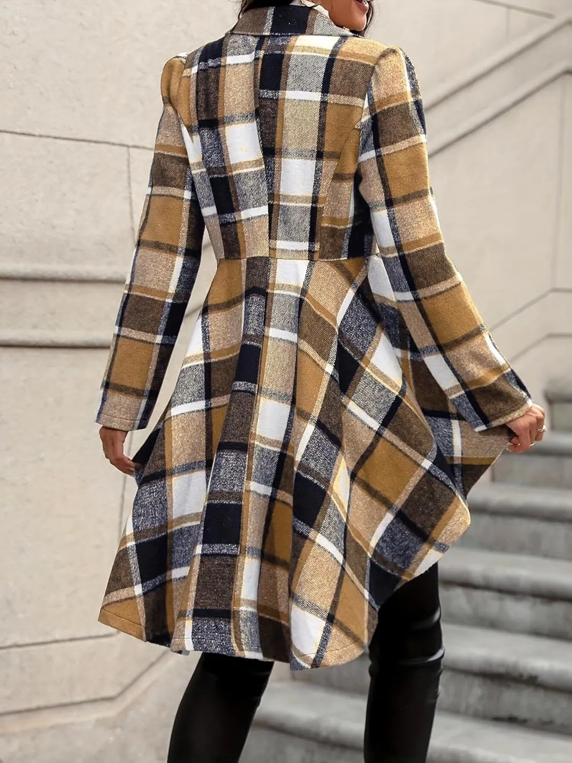 Women's 2024 Plaid Shacket Jacket Long Sleeve Button Wool Blend Casual Loose Winter Tartan Trench Cardigan Coat