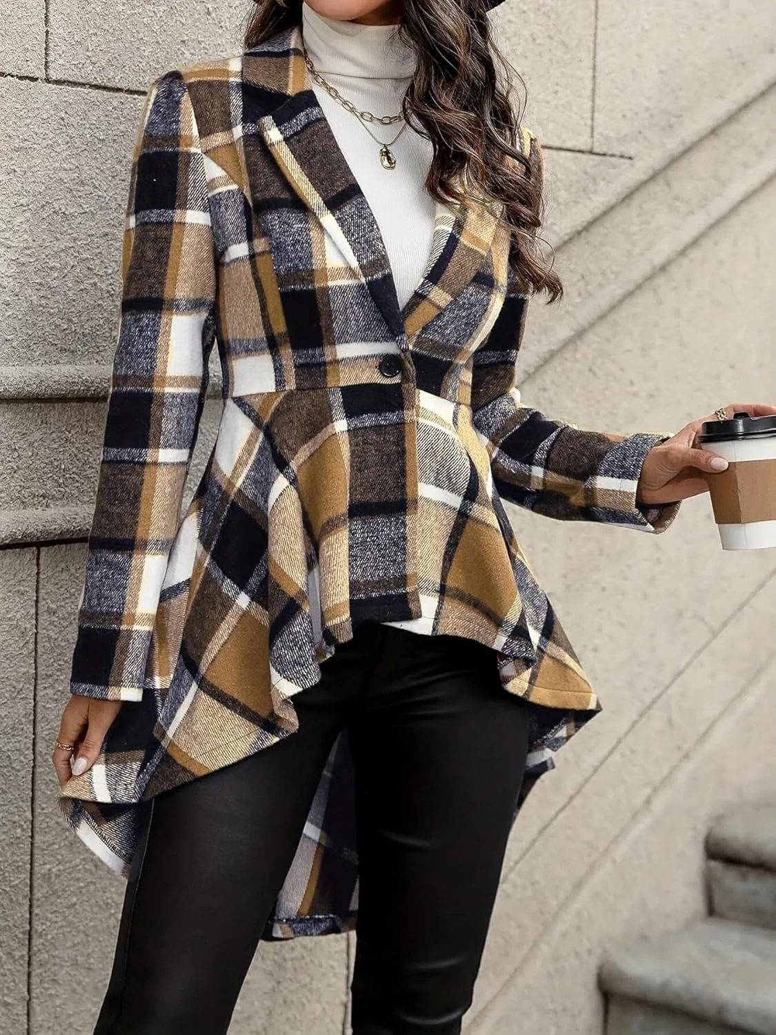 Women's 2024 Plaid Shacket Jacket Long Sleeve Button Wool Blend Casual Loose Winter Tartan Trench Cardigan Coat
