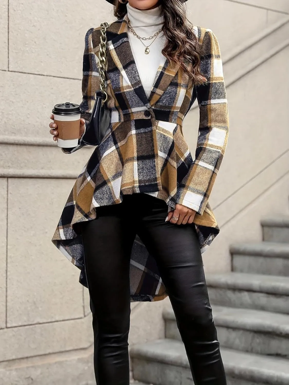 Women's 2024 Plaid Shacket Jacket Long Sleeve Button Wool Blend Casual Loose Winter Tartan Trench Cardigan Coat