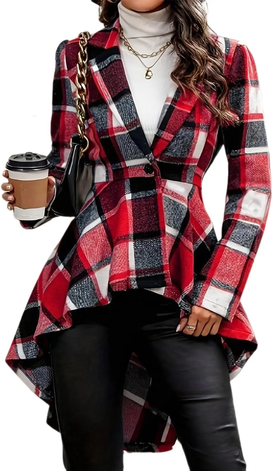 Women's 2024 Plaid Shacket Jacket Long Sleeve Button Wool Blend Casual Loose Winter Tartan Trench Cardigan Coat