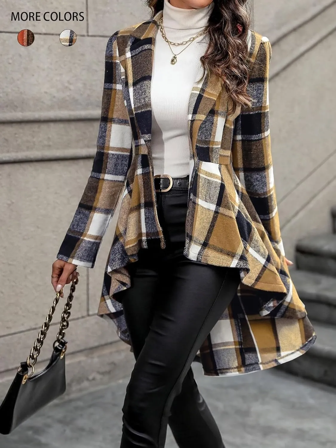 Women's 2024 Plaid Shacket Jacket Long Sleeve Button Wool Blend Casual Loose Winter Tartan Trench Cardigan Coat
