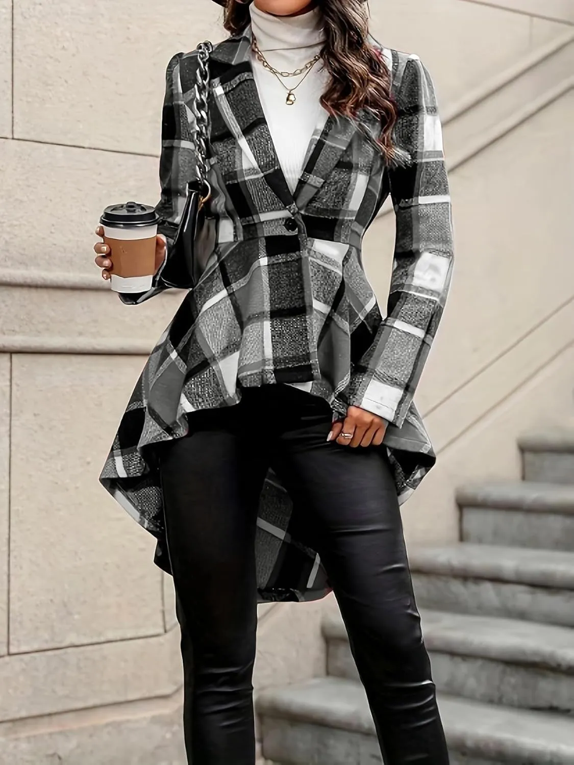 Women's 2024 Plaid Shacket Jacket Long Sleeve Button Wool Blend Casual Loose Winter Tartan Trench Cardigan Coat
