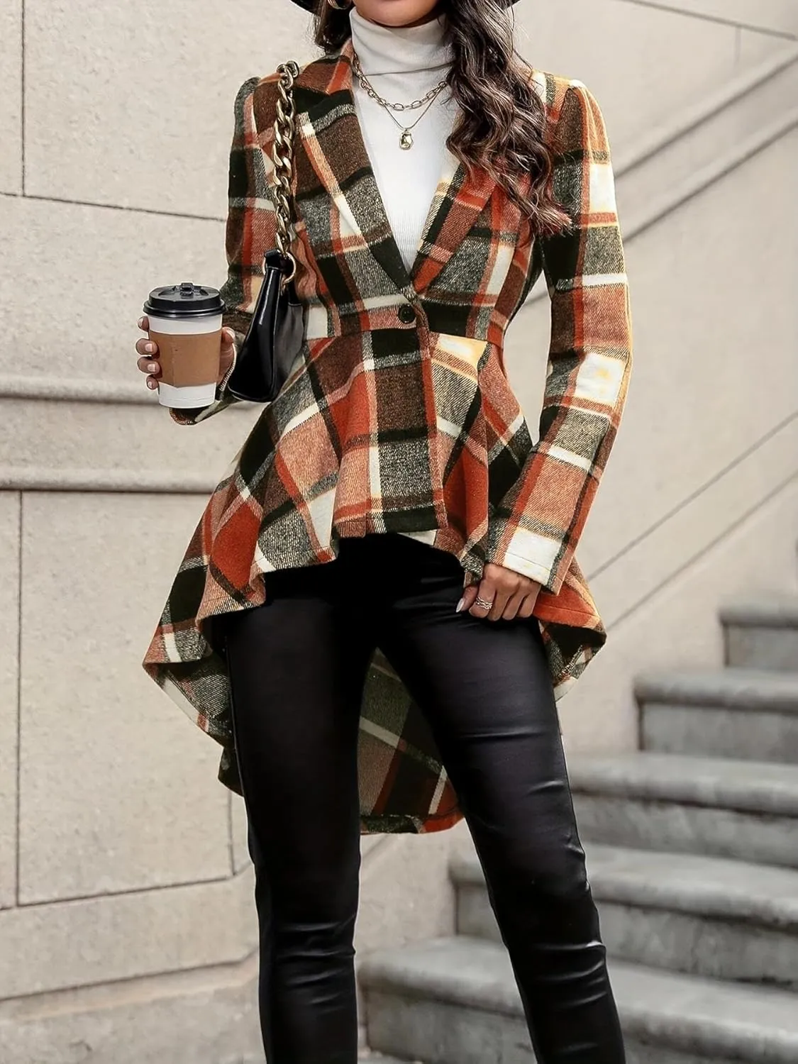 Women's 2024 Plaid Shacket Jacket Long Sleeve Button Wool Blend Casual Loose Winter Tartan Trench Cardigan Coat