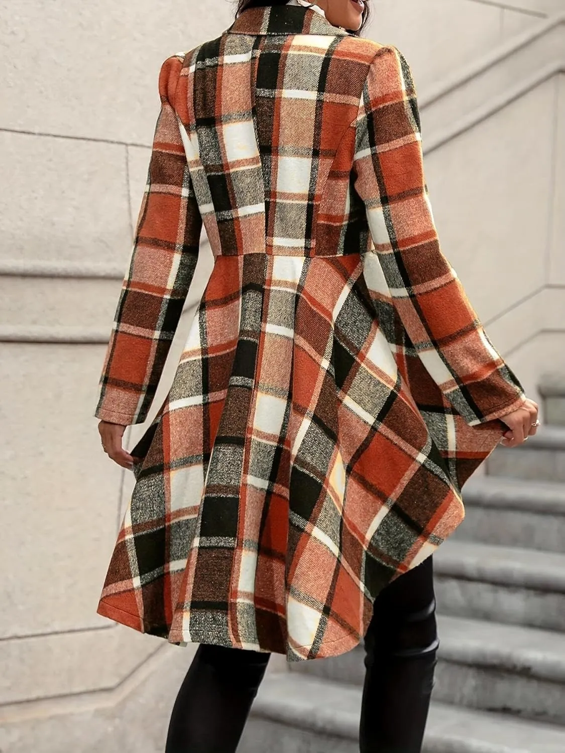 Women's 2024 Plaid Shacket Jacket Long Sleeve Button Wool Blend Casual Loose Winter Tartan Trench Cardigan Coat