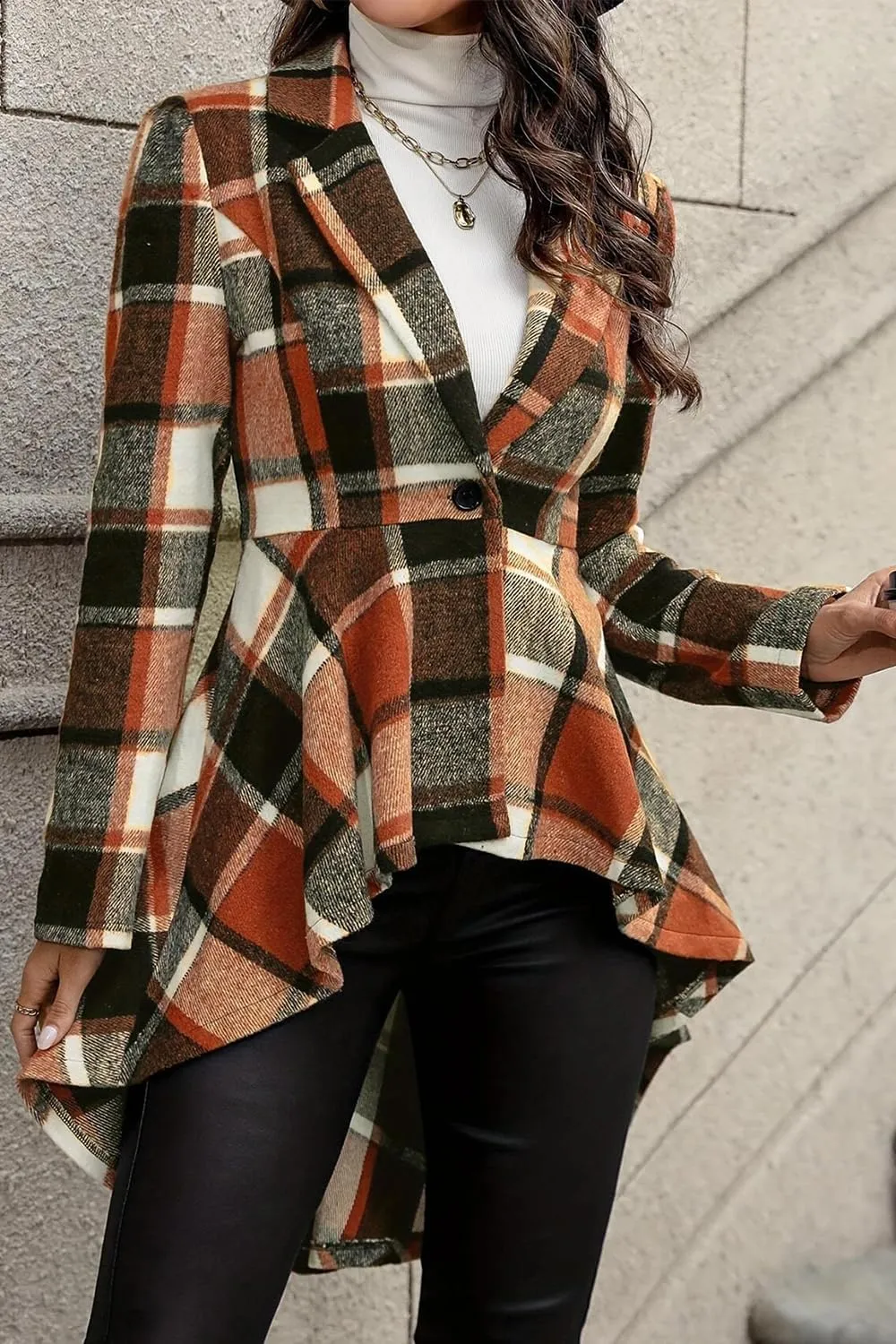 Women's 2024 Plaid Shacket Jacket Long Sleeve Button Wool Blend Casual Loose Winter Tartan Trench Cardigan Coat