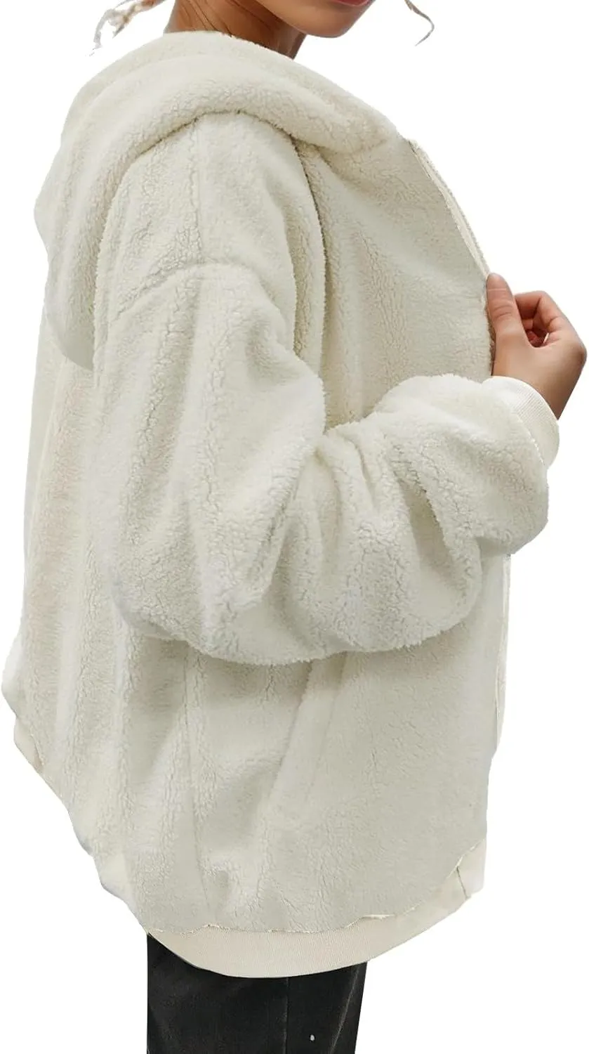 Women's 2024 Winter Fleece Jacket Warm Thicken Coats Long Sleeve Zip Up Hoodie Sweatshirts Trendy Bomber Jacket Outwear