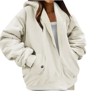 Women's 2024 Winter Fleece Jacket Warm Thicken Coats Long Sleeve Zip Up Hoodie Sweatshirts Trendy Bomber Jacket Outwear