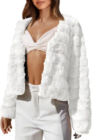 Women's 2024 Winter Warm Coats Trendy Elegant Fleece Cropped Jacket Soft Fuzzy Cardigan Shaggy Outerwear Clothes