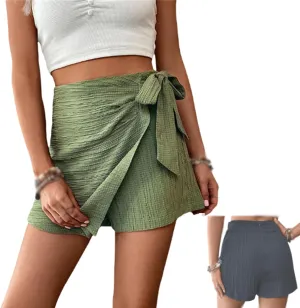 Women's Asymmetric Solid Color Self-Tie Mini Skirt Beach Outfits, Knot Side Skort Shorts, Women Wrap Knot Casual Skirts
