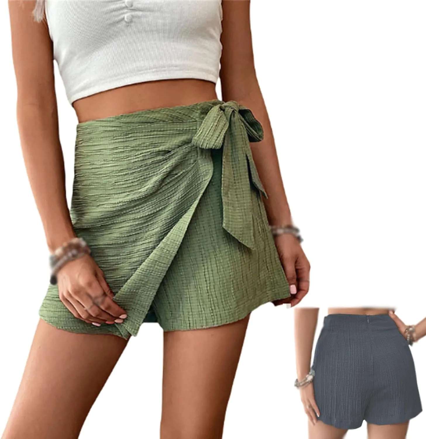 Women's Asymmetric Solid Color Self-Tie Mini Skirt Beach Outfits, Knot Side Skort Shorts, Women Wrap Knot Casual Skirts