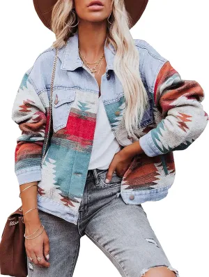 Womens Aztec Shacket Jacket Lapel Long Sleeve Retro Jean Coat Oversized Western Denim Jacket