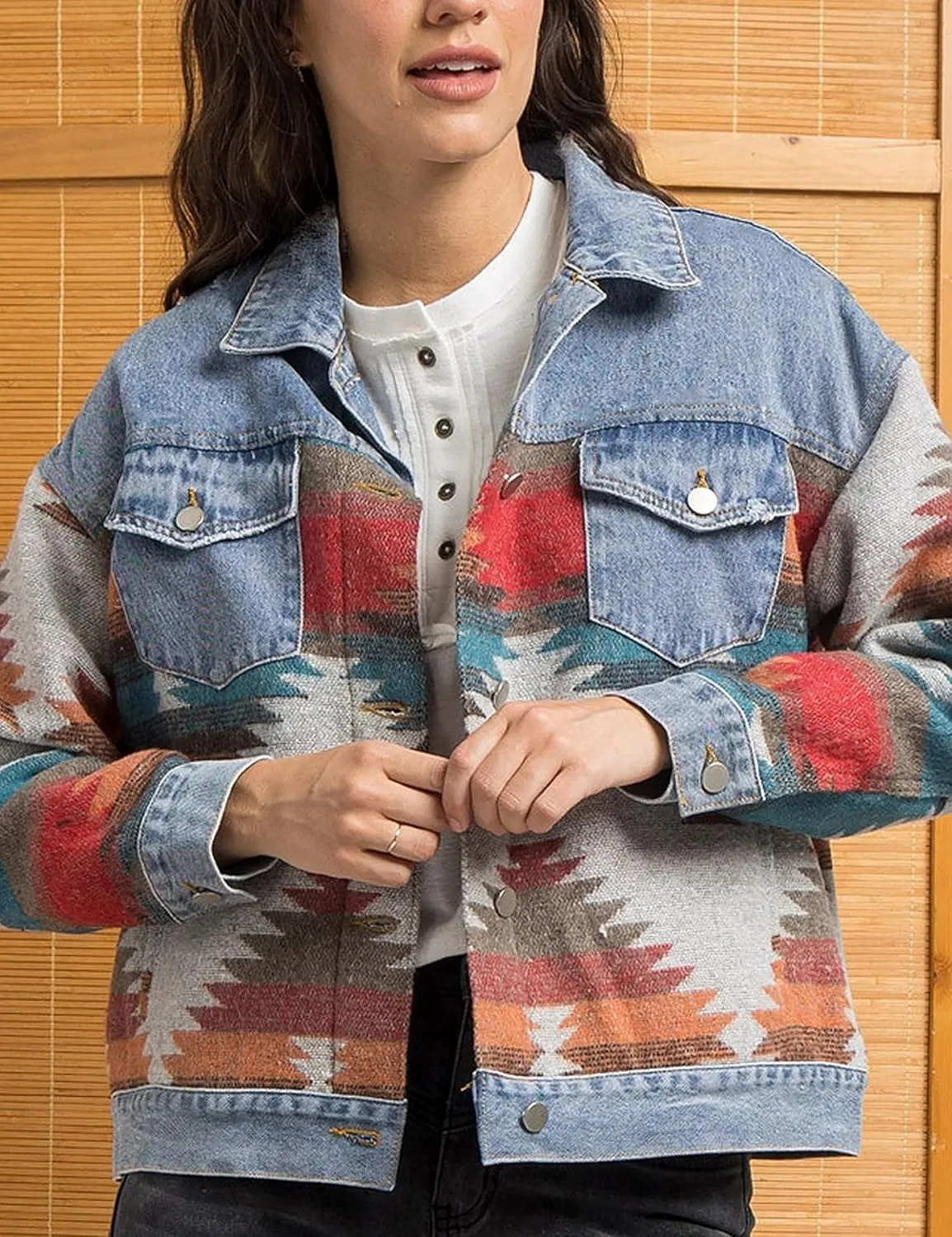 Womens Aztec Shacket Jacket Lapel Long Sleeve Retro Jean Coat Oversized Western Denim Jacket