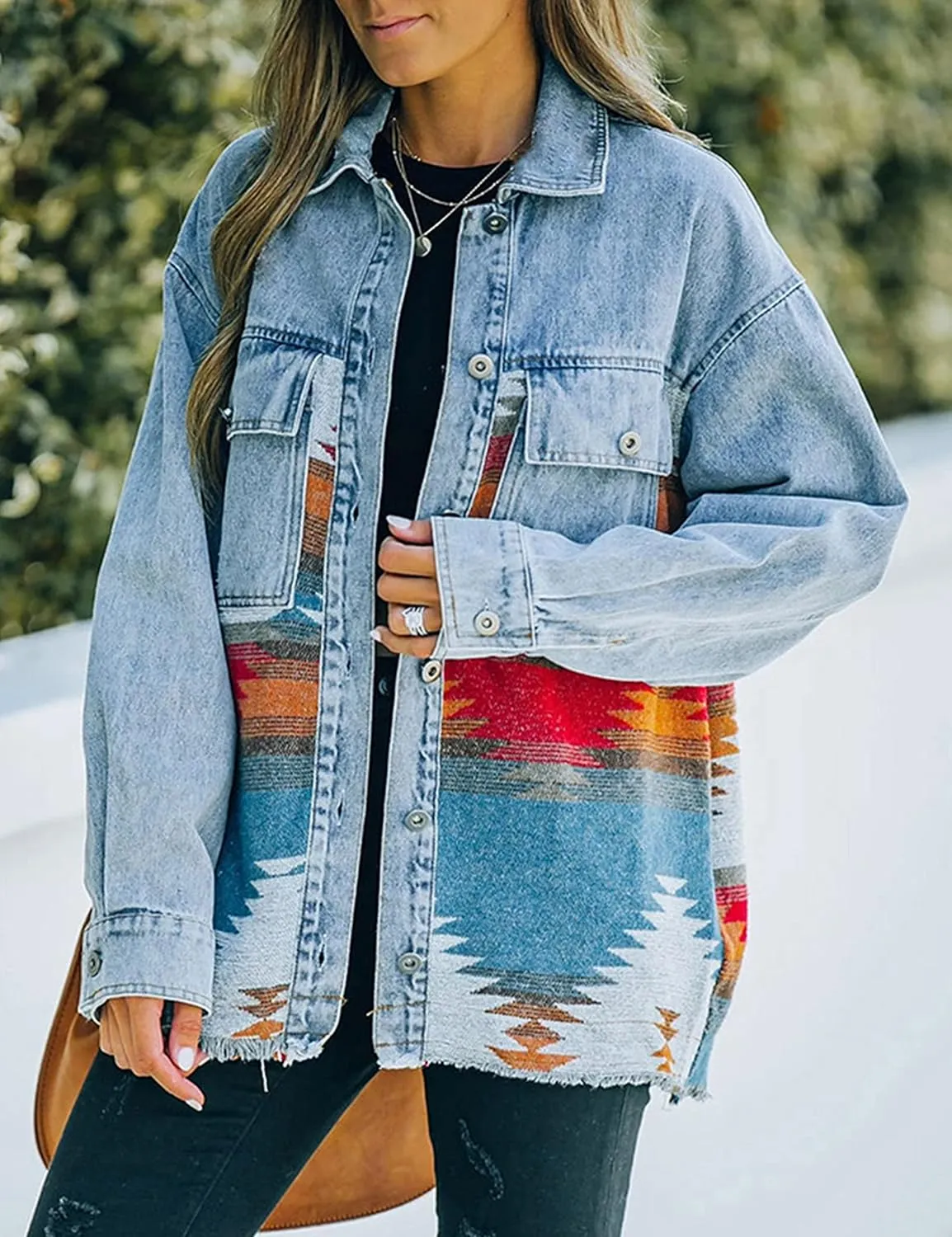 Womens Aztec Shacket Jacket Lapel Long Sleeve Retro Jean Coat Oversized Western Denim Jacket