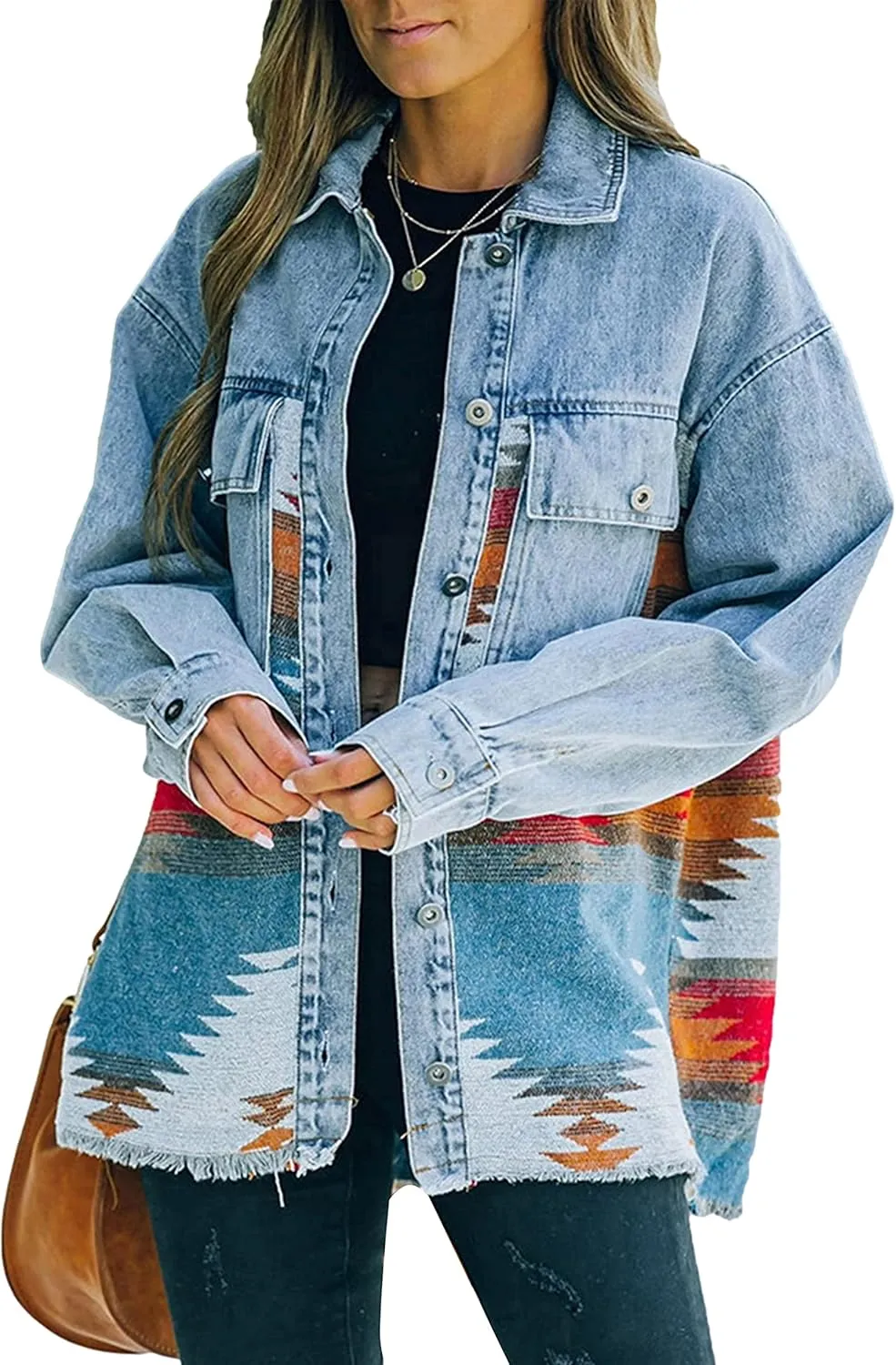 Womens Aztec Shacket Jacket Lapel Long Sleeve Retro Jean Coat Oversized Western Denim Jacket