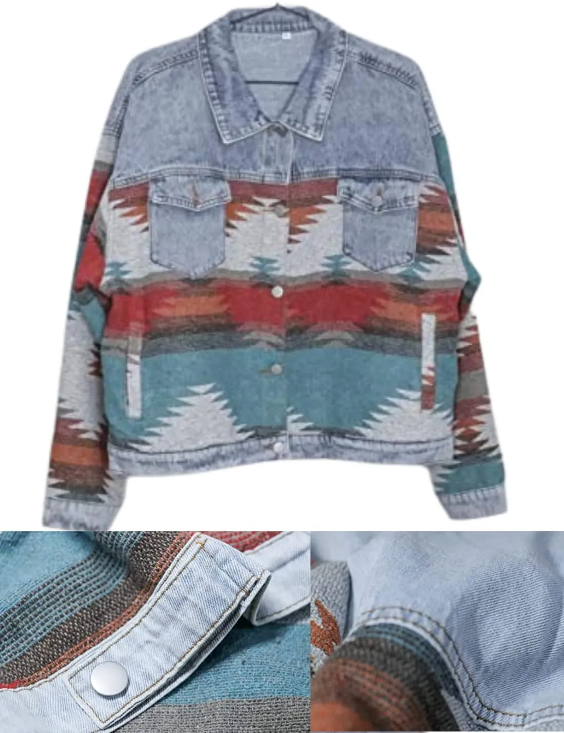 Womens Aztec Shacket Jacket Lapel Long Sleeve Retro Jean Coat Oversized Western Denim Jacket