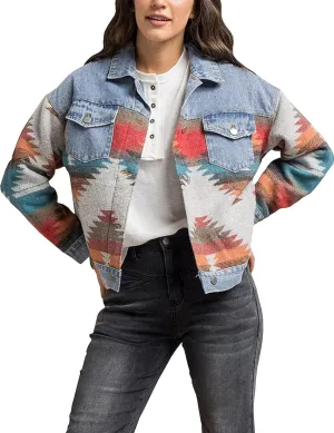 Womens Aztec Shacket Jacket Lapel Long Sleeve Retro Jean Coat Oversized Western Denim Jacket