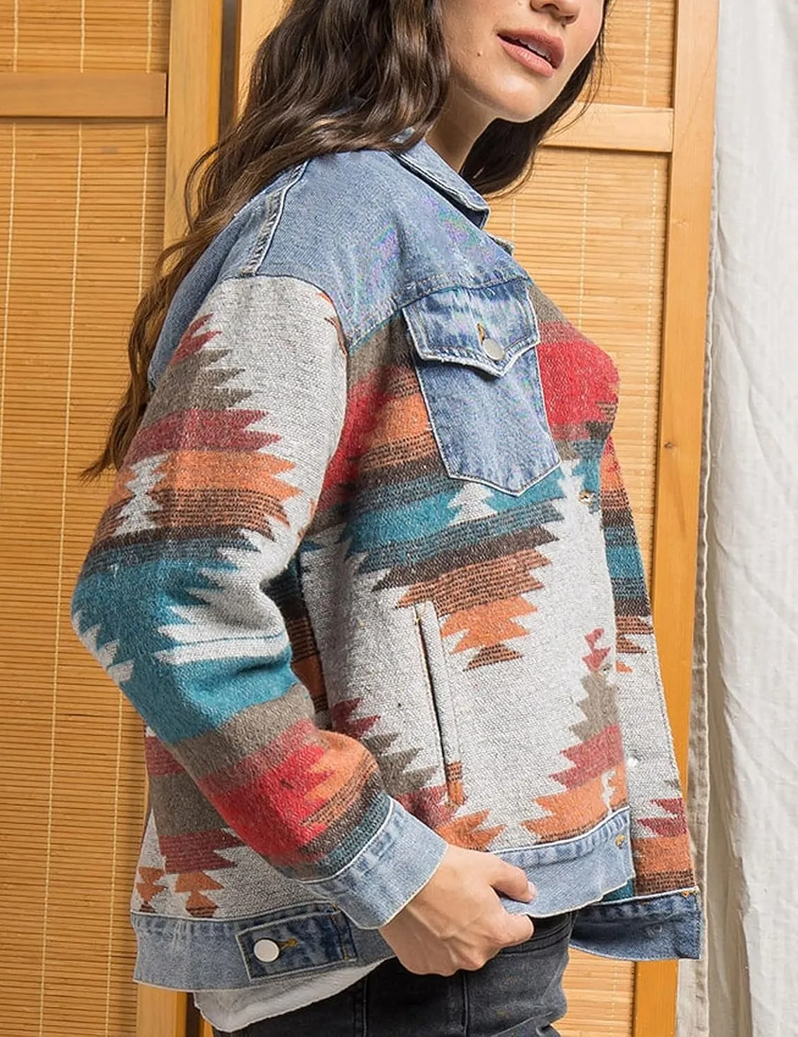 Womens Aztec Shacket Jacket Lapel Long Sleeve Retro Jean Coat Oversized Western Denim Jacket