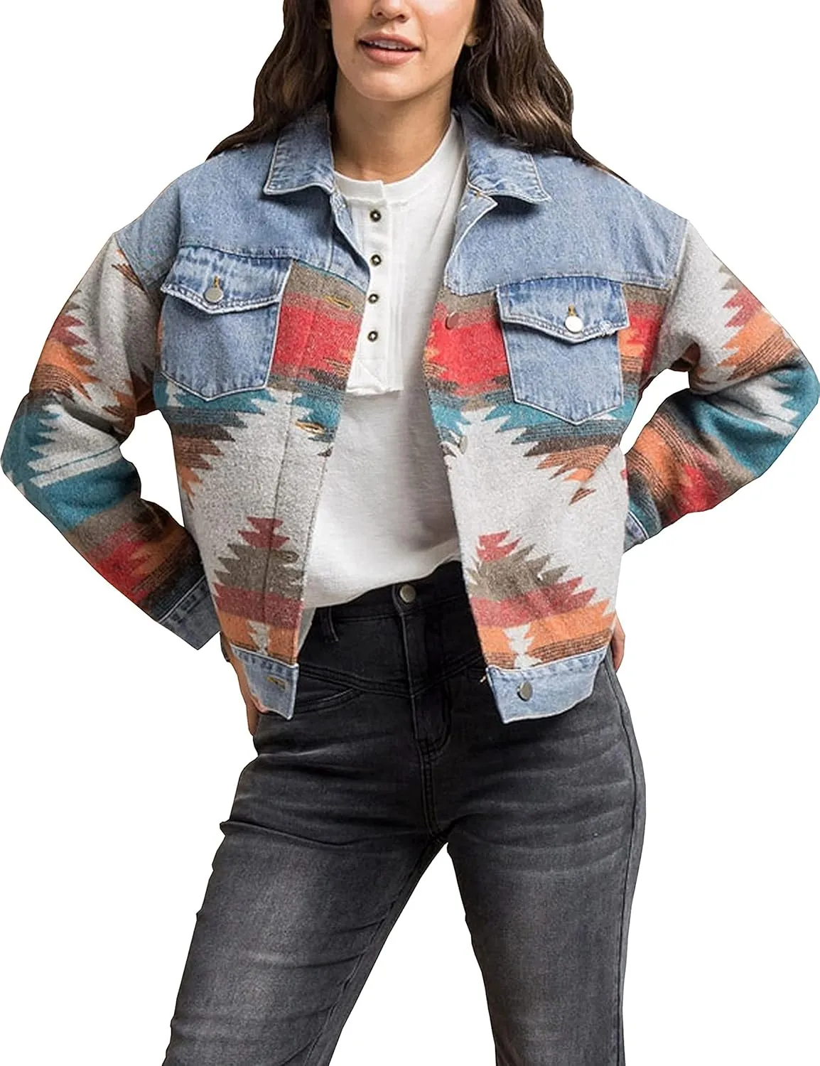 Womens Aztec Shacket Jacket Lapel Long Sleeve Retro Jean Coat Oversized Western Denim Jacket