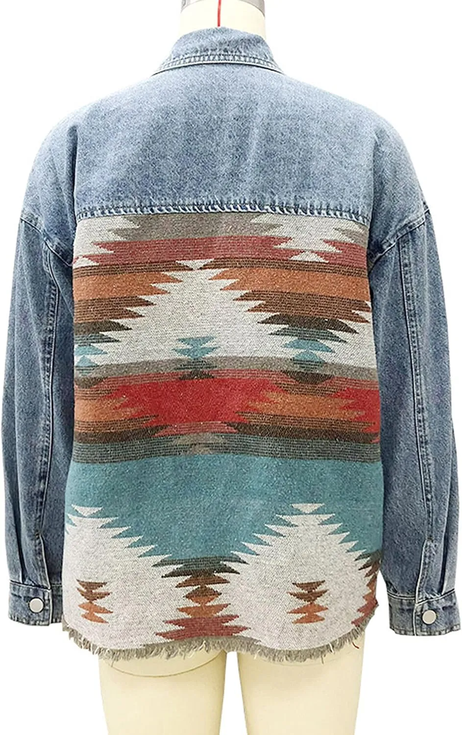 Womens Aztec Shacket Jacket Lapel Long Sleeve Retro Jean Coat Oversized Western Denim Jacket