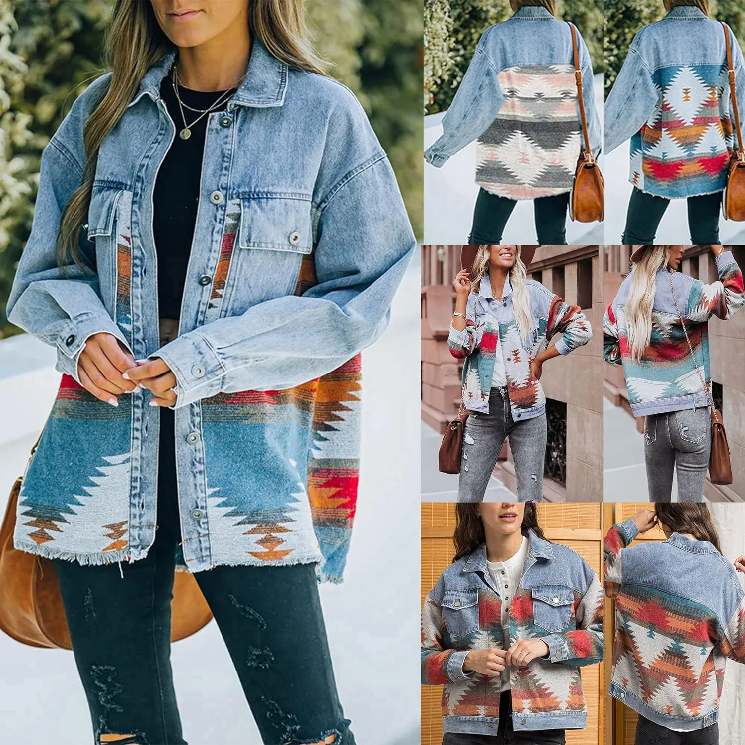 Womens Aztec Shacket Jacket Lapel Long Sleeve Retro Jean Coat Oversized Western Denim Jacket