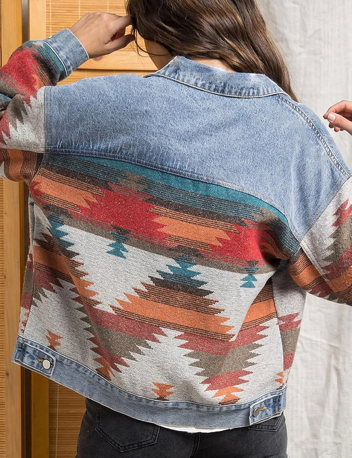 Womens Aztec Shacket Jacket Lapel Long Sleeve Retro Jean Coat Oversized Western Denim Jacket