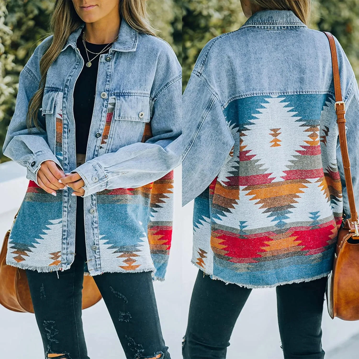 Womens Aztec Shacket Jacket Lapel Long Sleeve Retro Jean Coat Oversized Western Denim Jacket