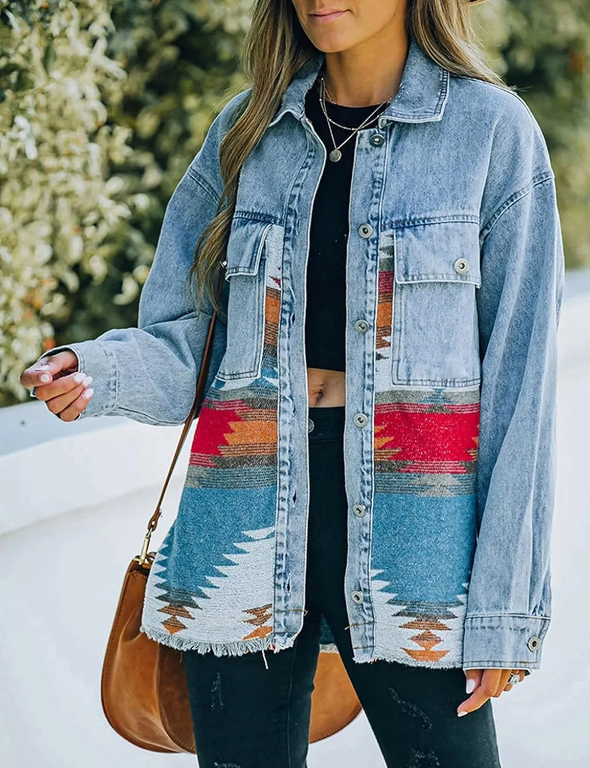 Womens Aztec Shacket Jacket Lapel Long Sleeve Retro Jean Coat Oversized Western Denim Jacket