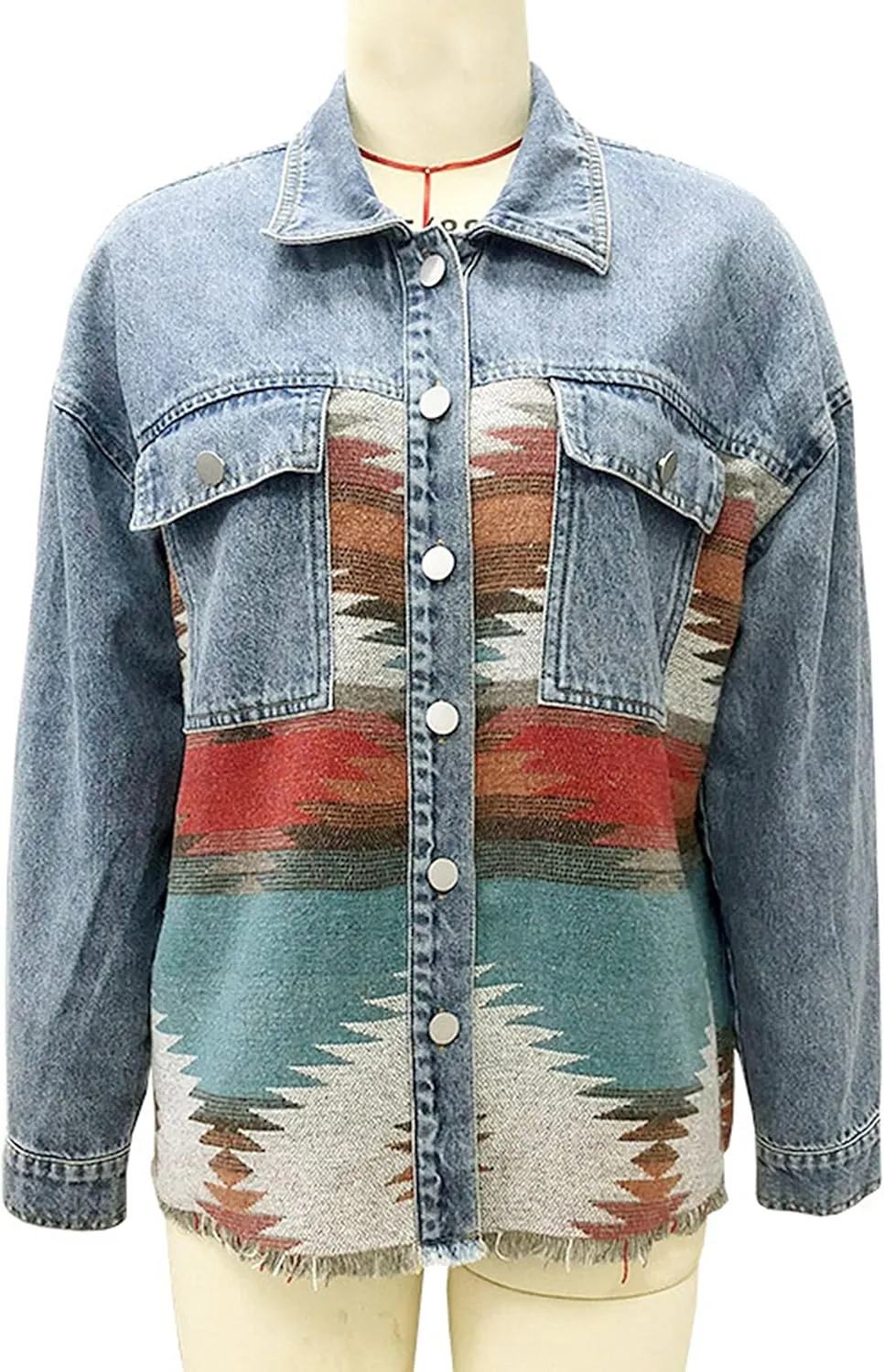 Womens Aztec Shacket Jacket Lapel Long Sleeve Retro Jean Coat Oversized Western Denim Jacket