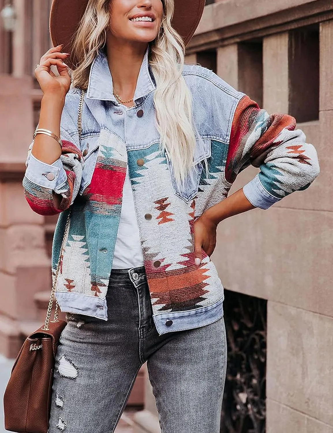 Womens Aztec Shacket Jacket Lapel Long Sleeve Retro Jean Coat Oversized Western Denim Jacket