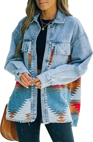 Womens Aztec Shacket Jacket Lapel Long Sleeve Retro Jean Coat Oversized Western Denim Jacket