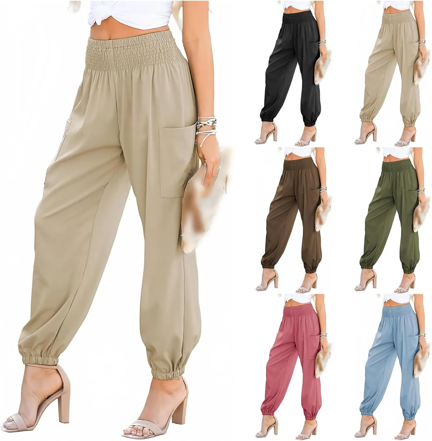 Womens Baggy High Waisted Pants Casual Elastic Waist Palazzo Harem Pants Bohemian Beach Trousers with Pockets