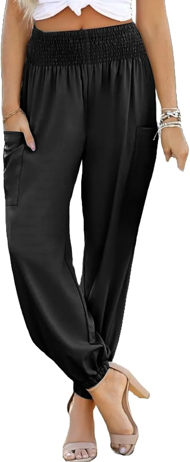 Womens Baggy High Waisted Pants Casual Elastic Waist Palazzo Harem Pants Bohemian Beach Trousers with Pockets