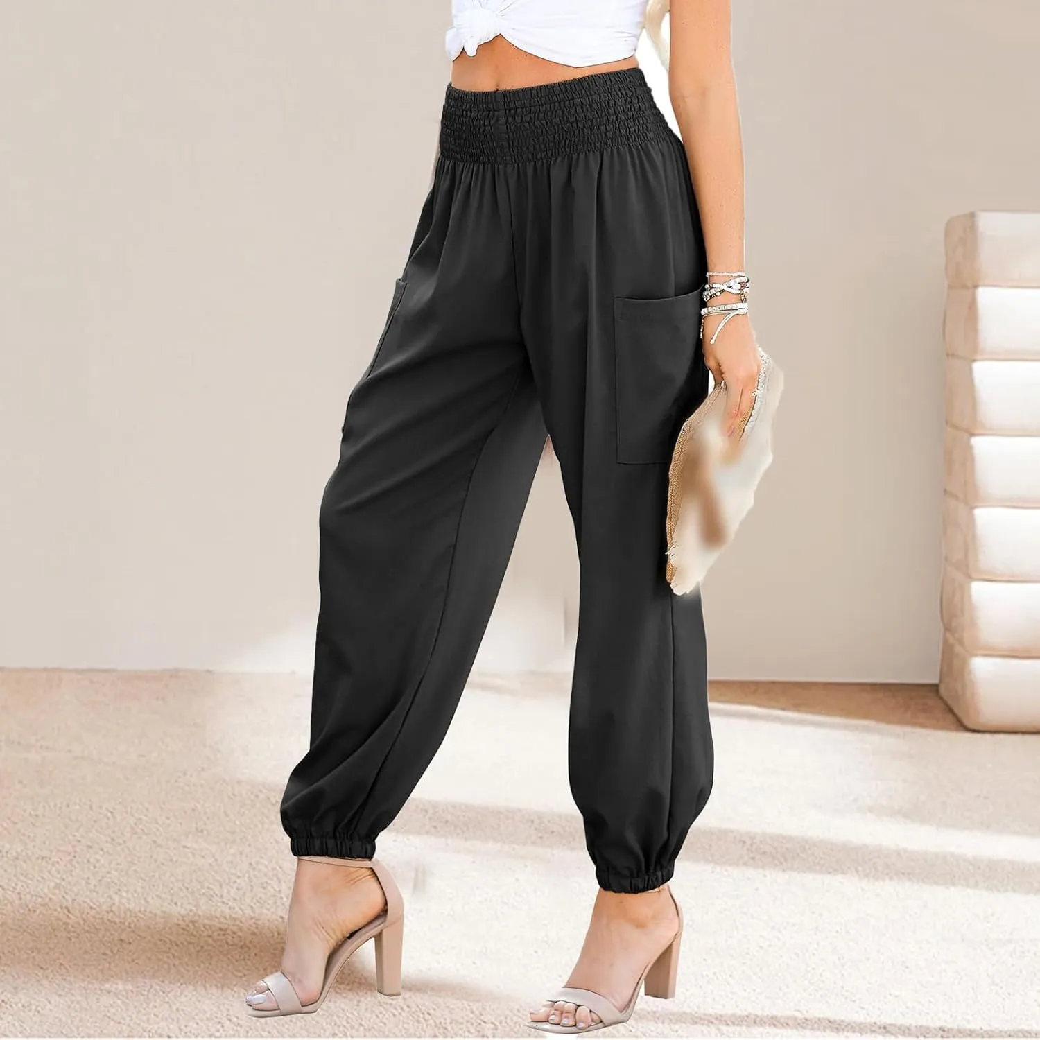 Womens Baggy High Waisted Pants Casual Elastic Waist Palazzo Harem Pants Bohemian Beach Trousers with Pockets