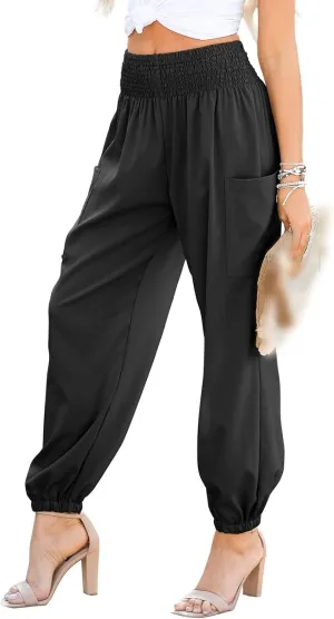 Womens Baggy High Waisted Pants Casual Elastic Waist Palazzo Harem Pants Bohemian Beach Trousers with Pockets