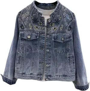 WomenS Beaded Embroidered Denim Jacket Office Loose Fit Long Sleeve O Neck Single Breasted Button Front With Pockets
