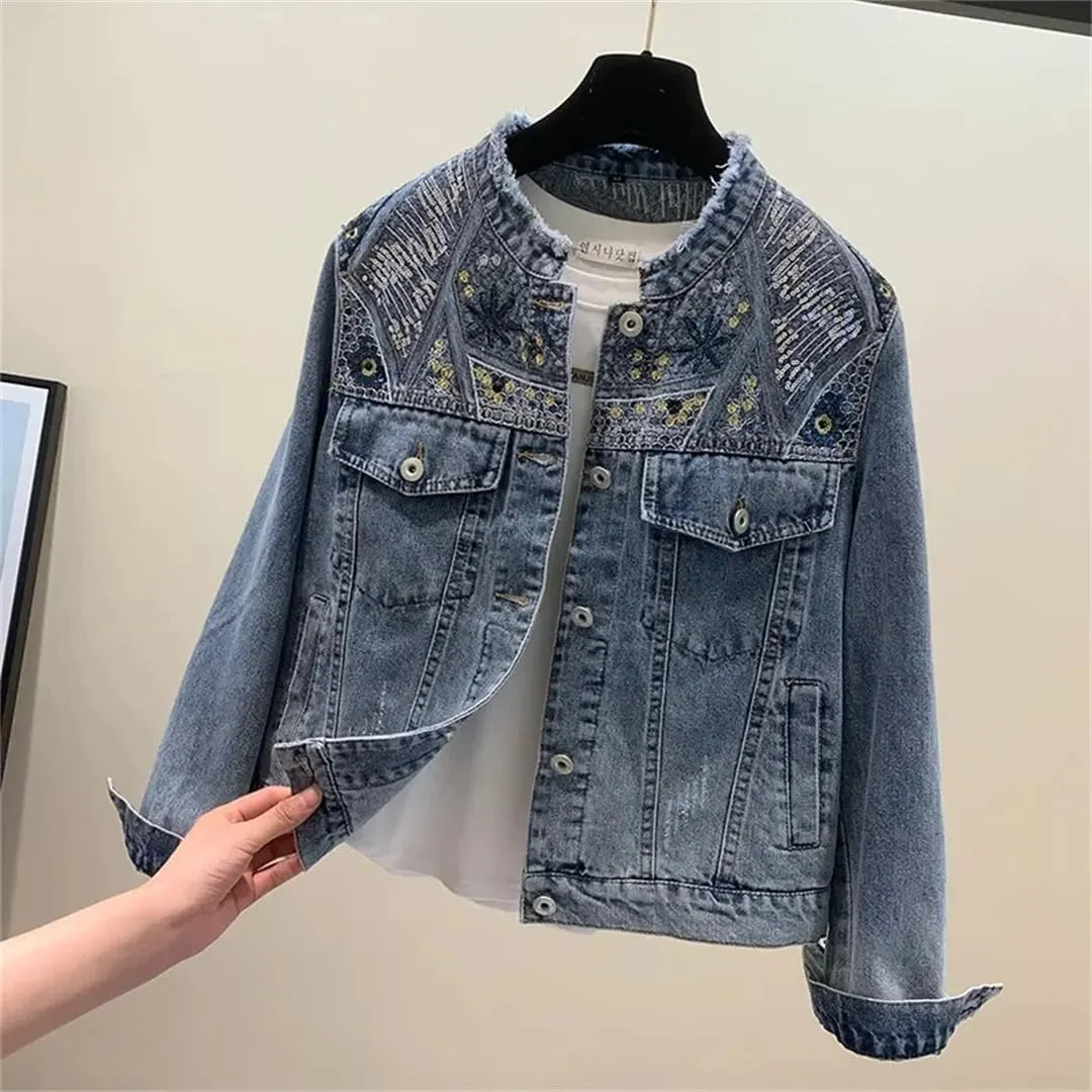 WomenS Beaded Embroidered Denim Jacket Office Loose Fit Long Sleeve O Neck Single Breasted Button Front With Pockets