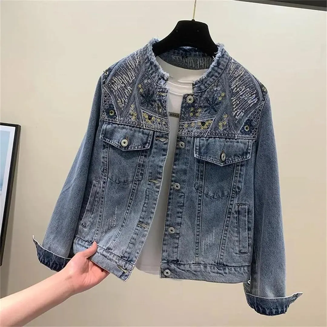 WomenS Beaded Embroidered Denim Jacket Office Loose Fit Long Sleeve O Neck Single Breasted Button Front With Pockets