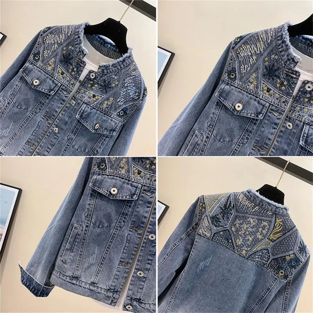 WomenS Beaded Embroidered Denim Jacket Office Loose Fit Long Sleeve O Neck Single Breasted Button Front With Pockets