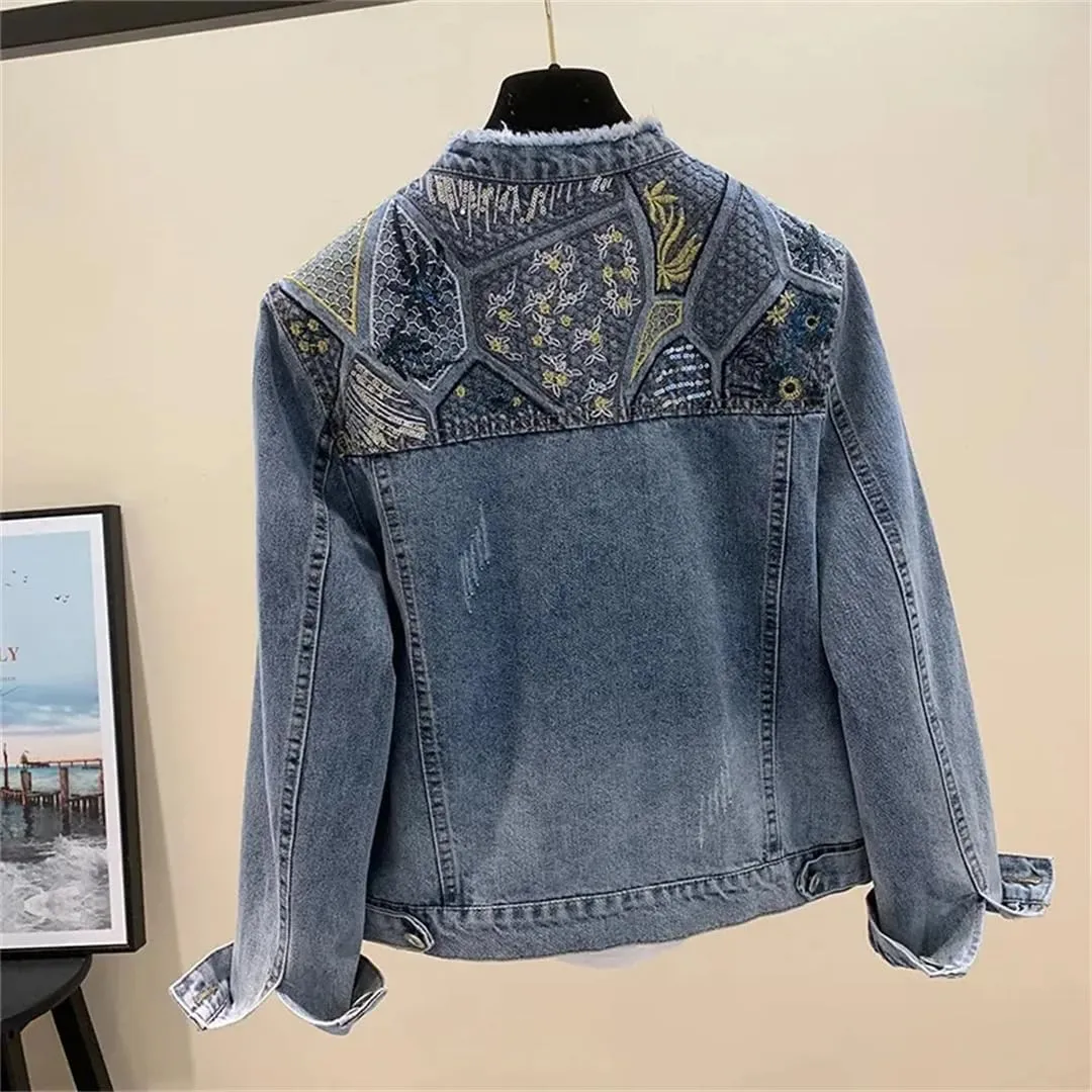 WomenS Beaded Embroidered Denim Jacket Office Loose Fit Long Sleeve O Neck Single Breasted Button Front With Pockets