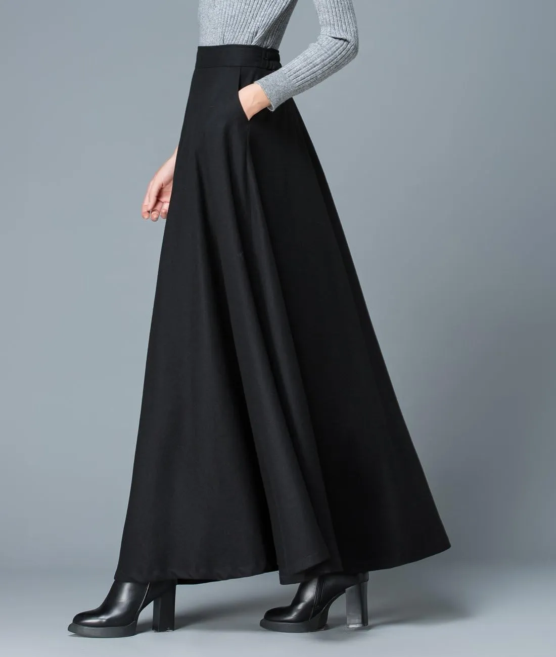 Women's Black Winter Wool Blend Long Skirt High Waist A Line Skirt
