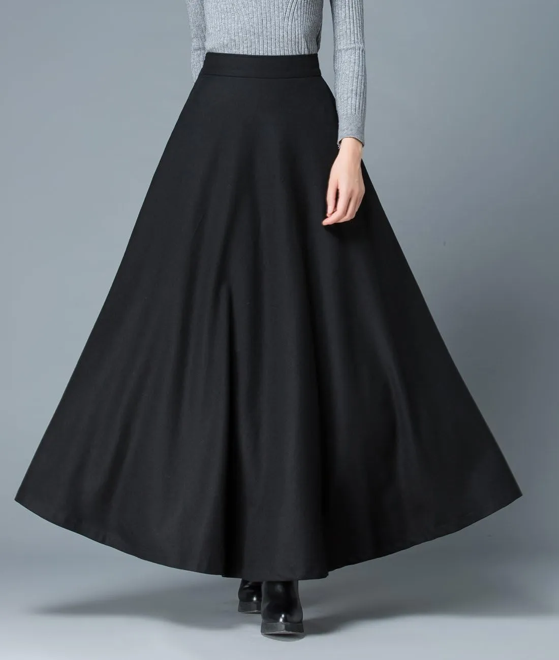 Women's Black Winter Wool Blend Long Skirt High Waist A Line Skirt