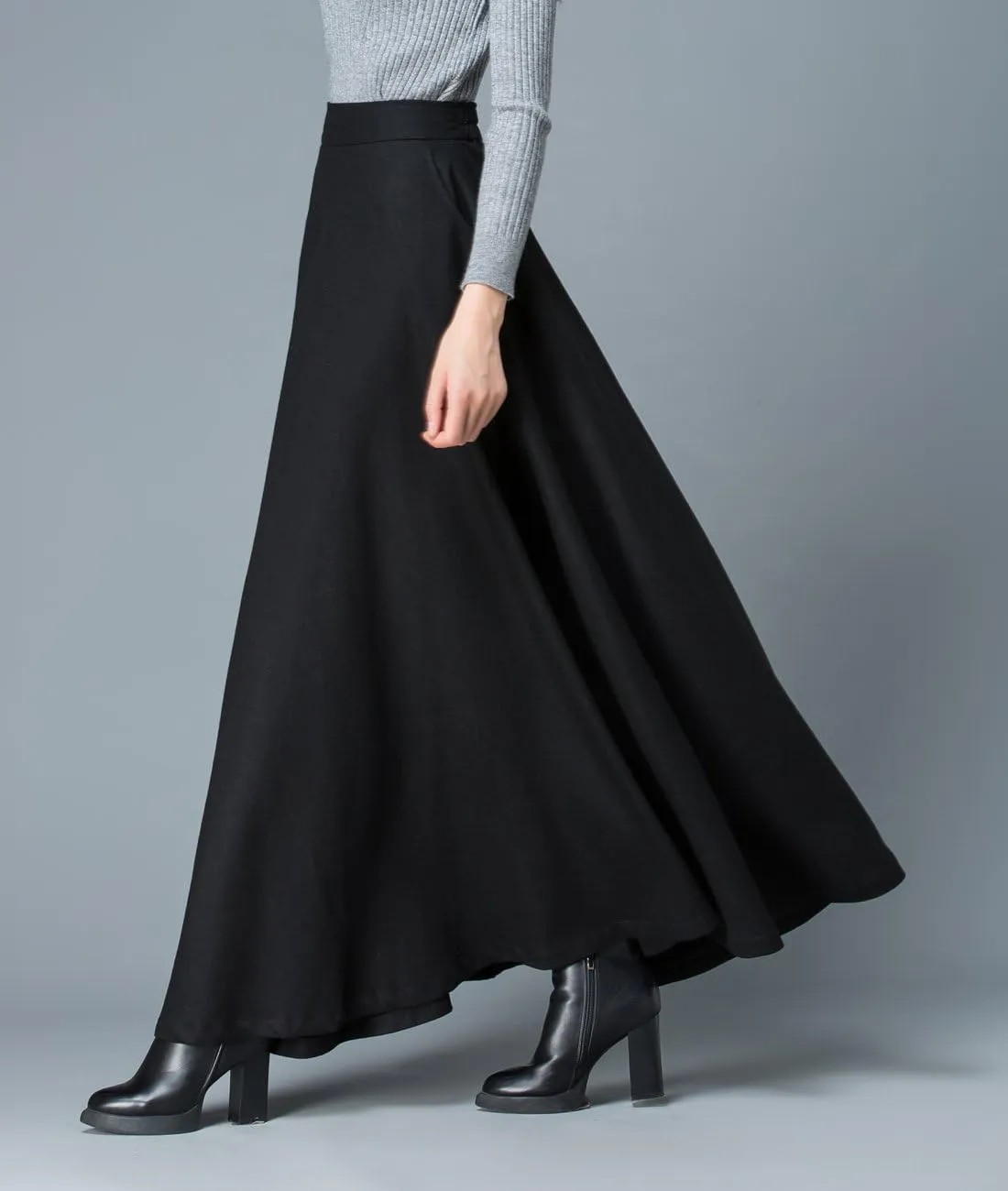Women's Black Winter Wool Blend Long Skirt High Waist A Line Skirt
