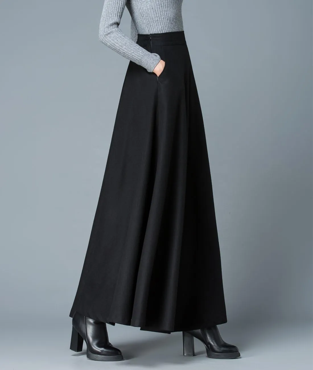 Women's Black Winter Wool Blend Long Skirt High Waist A Line Skirt