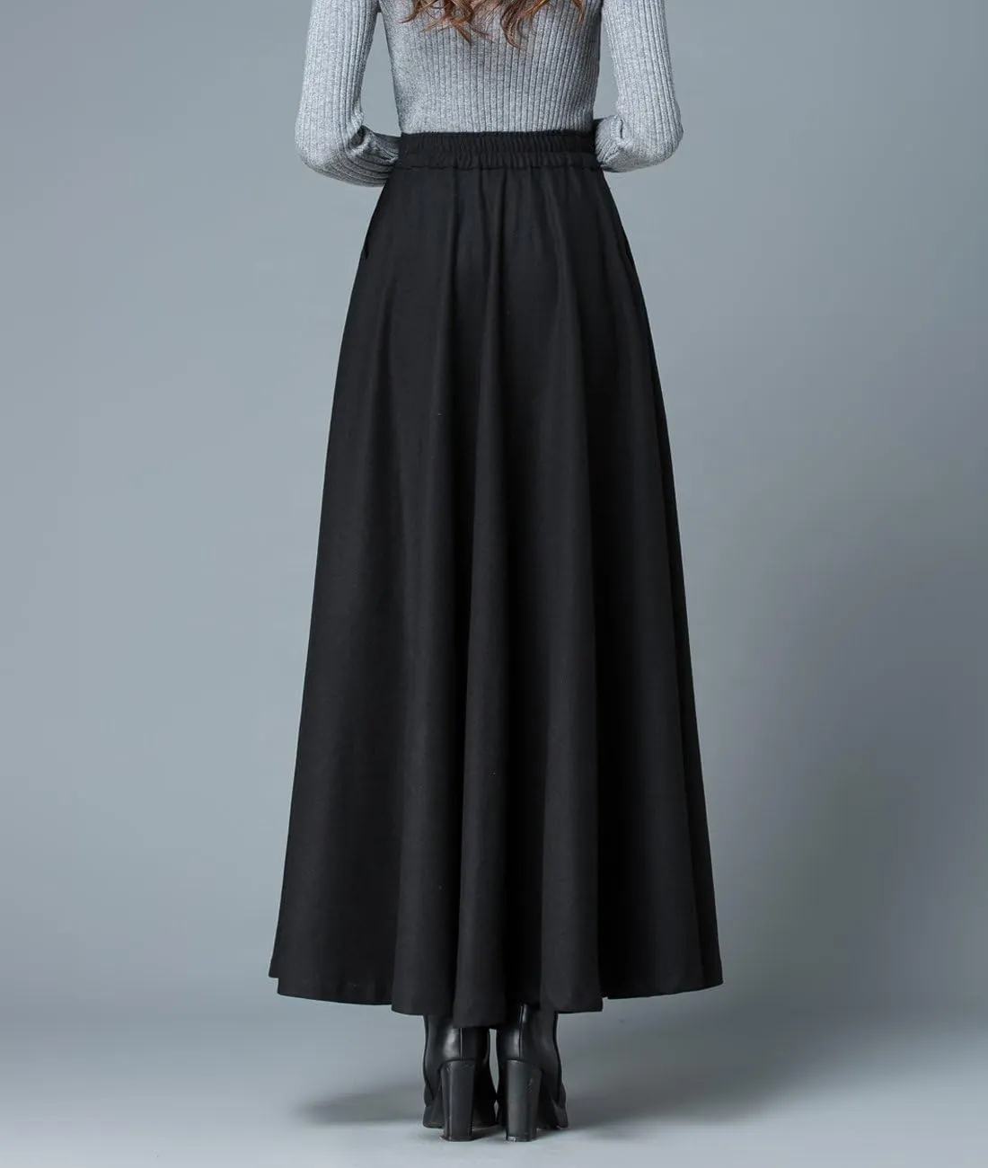 Women's Black Winter Wool Blend Long Skirt High Waist A Line Skirt